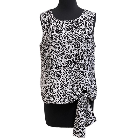 Talbots Black White Abstract Floral Sleeveless Top Sz M Tie Waistband Tank - Picture 2 of 13